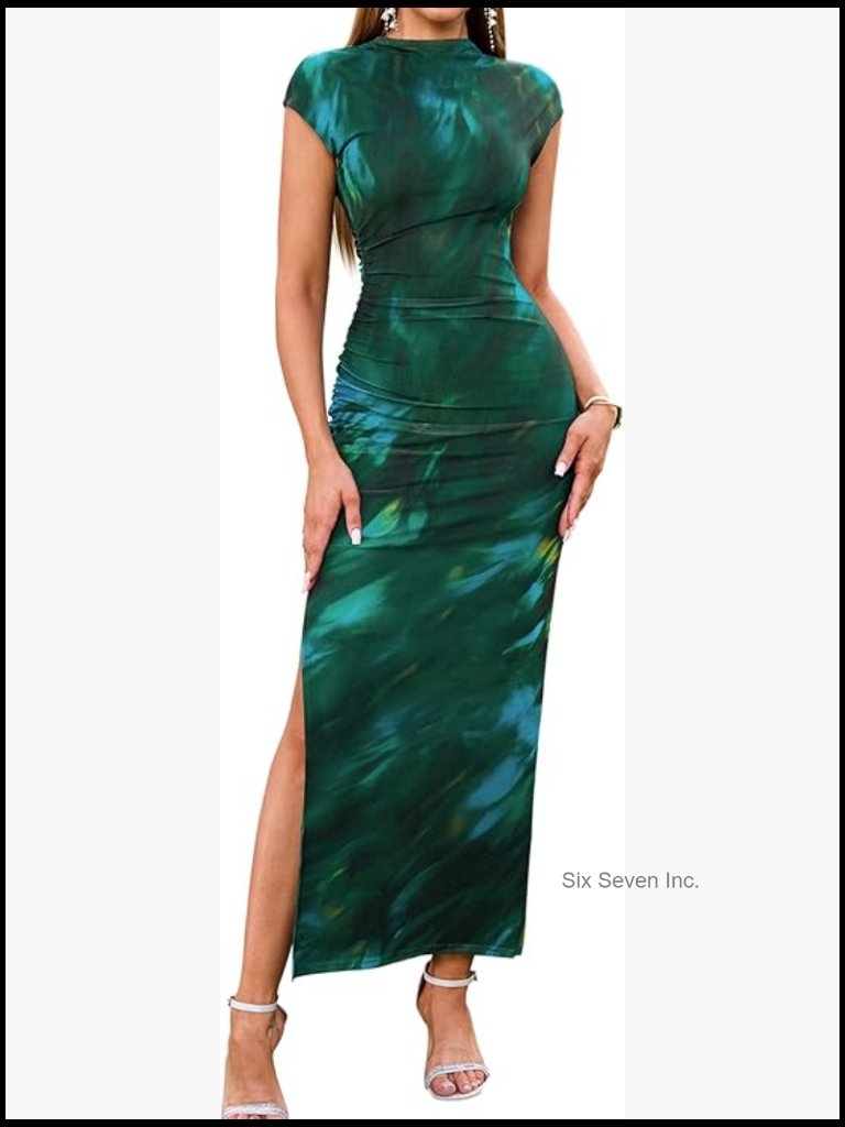 Bodycon Maxi Dress With Cap Sleeves Ruched Side Slit Elegant Wedding Guest Party